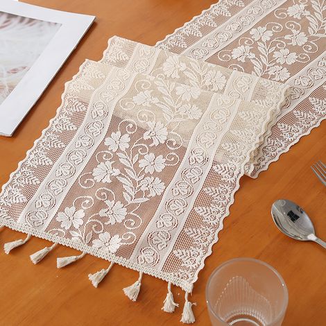 Nappe et chemin de table en dentelle blanche au crochet avec glands, style américain chic, décoration de table pour Noël et table basse (1/4)
