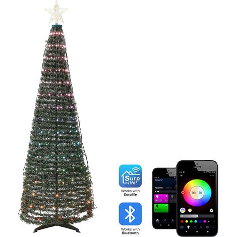 Albero di Natale con luci a LED con cambio di colore controllato da app da 160 cm con timer e interruttore Verde Saarloq
