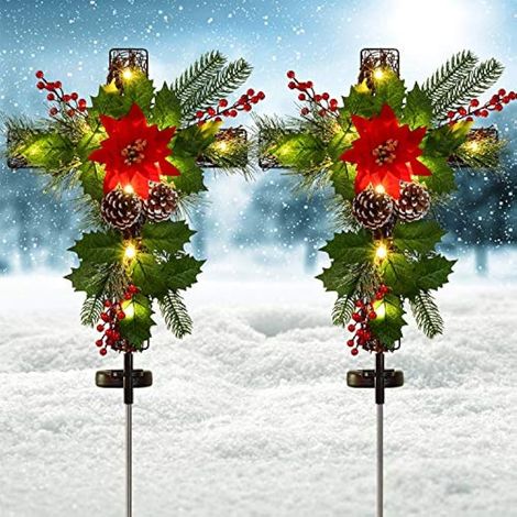 Lot de 2 Lampes solaires d'extérieur pour décoration de Noël, lumières sur Piquet avec Pommes de pin Imitation Poinsettia, Baies Rouges et Feuillage pour Jardin, terrasse, Tombe (1/5)