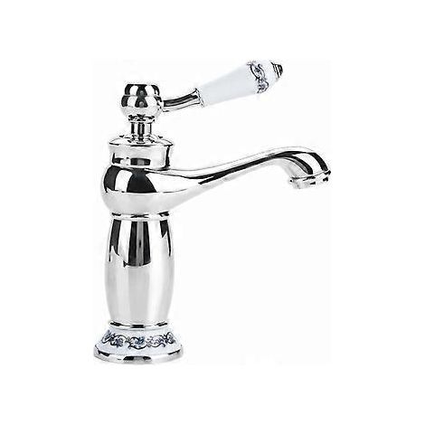 Robinet de lavabo rétro en laiton et céramique, porcelaine bleue et blanche, col long, motif floral vintage et raccordement eau chaude/eau froide. (1/5)