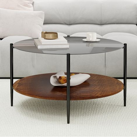 Couchtisch Ø82x45 cm schwarz aus Glas, Holz und Metall mit 2 Ebenen (1/5)
