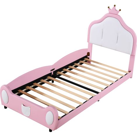 Cama infantil tapizada 90 x 200 cm con cabecero de corona rosa y blanco (1/5)