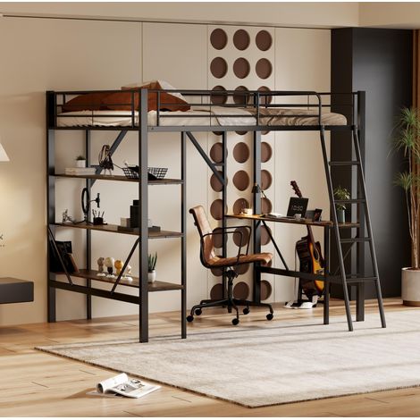 Lit mezzanine 204,5/149/180,5 cm noir en métal avec bureau et trois étagères (1/5)