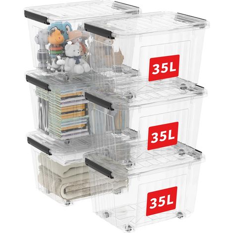 35L6 Boîtes de Rangement avec Couvercles, Boîte de Rangement en Plastique avec Clips et Roulettes, Empilables, Encastrables, pour Placard de Bureau à Domicile, Transparent, 35L, Lot de 6 (1/5)