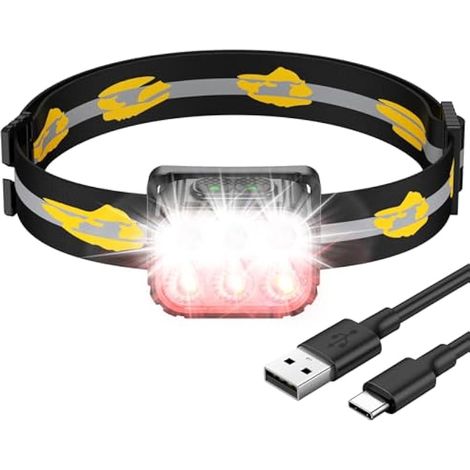 Lampe frontale rechargeable, ultra-légère et super lumineuse avec feu rouge de signalisation, 6 modes d'éclairage, IP65 étanche, pour course, adultes/enfants, 36h d'autonomie pour camping, Fête des Pè (1/5)