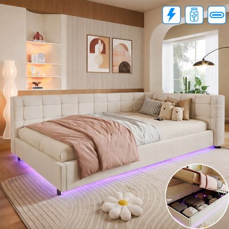 Canapé-lit rembourré 90x200 cm, lit simple avec LED et ports USB, lit enfant avec rangement hydraulique, lit de jour, lit d'appoint, lit fonctionnel, lit suspendu, sommier à lattes, tissu velours, bei (1/5)