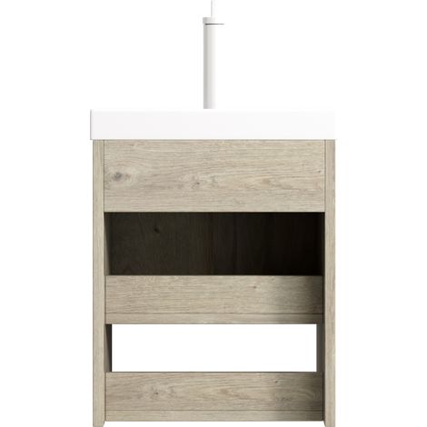 Mueble lavabo baño 42 cm con lavabo cerámico blanco y estante abierto acabado roble HOMVRA (1/5)