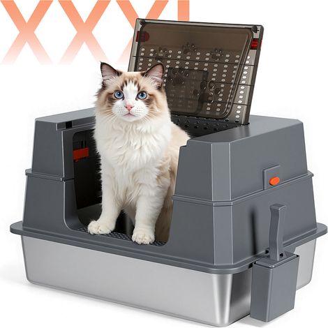 Jiubiaz Edelstahl Katzentoilette XXXL mit Deckel 70x50x43 cm hochrandig für große Katzen mit Trittbrett (1/5)