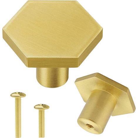 Lot de 4 Boutons de Meubles en Laiton Massif - Poignées de Porte Boutons de Tiroir Dorés avec Vis - Poignées de Meubles Hexagonales pour Placards de Cuisine, Commodes, Armoires, 35 x 20 mm (1/4)