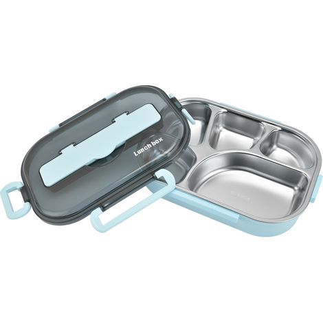 Boîte à lunch isotherme 1,3 L en acier inoxydable, 5 compartiments, avec baguettes et cuillère, idéale pour l'école et les pique-niques (bleue). (1/5)