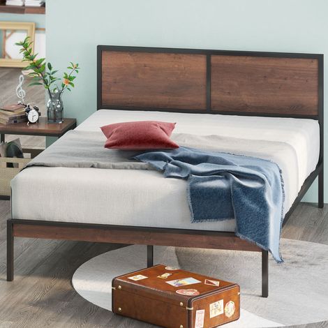 Zinus Mory 30 cm, Telaio del letto a piattaforma in metallo e legno con testiera divisoria, Supporto per doghe in legno, Facile da montare, Marrone, 140 x 190 cm (1/4)