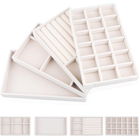 4 x Plateau Bijoux en Velours Organisateur de Bijoux Tiroir Femme Rangement Bijoux Tiroir Organiseur Rangement Collier Boîtes à Bijoux présentoirs pour Boucles D'oreilles Chaîne Beige 2112,5cm (1/5)