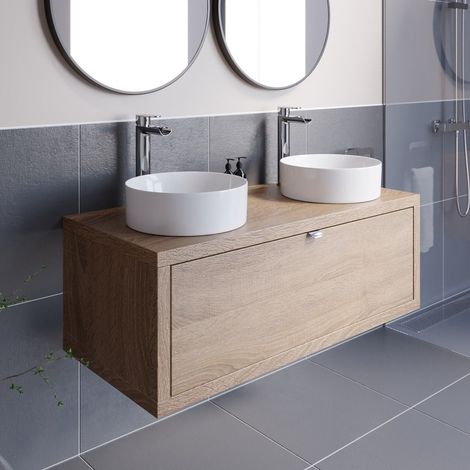 Bathroom Oak Wall Hung Vanity Unit and Basin Sink Cabinet Storage 1100mm with 352mm Round White Twin Basin