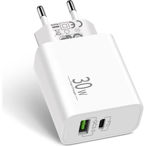 30W 2-Port Chargeur Rapide USB C/A, Prise Adaptateur USB-C Secteur PD/QC Pour 17/17e/16/15/14/13/12/11/Pro/Max/XR/XS/8/7, Galaxy S26/S25/S24/S23/S22, Pixel 10/9/8/7 (1/5)