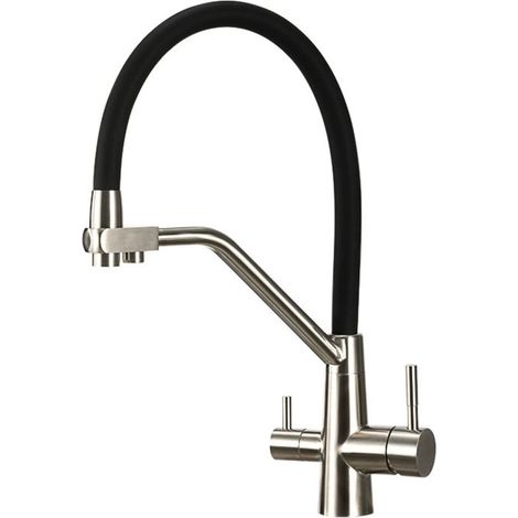 Robinet de Cuisine 3 Voies, Mitigeur d'évier Flexible Pivotant 360°, Mélangeur 3 en 1 avec Douchette Extractible, Nickel Brossé (1/5)