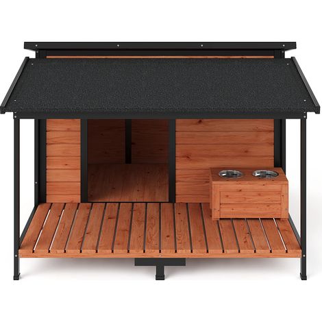Cuccia per Cane con terrazza e supporto ciotole - L. 136 x P. 138,1 x H. 95,2 cm - Taglia L/XL - Naturale e nero - MORIKA (1/5)