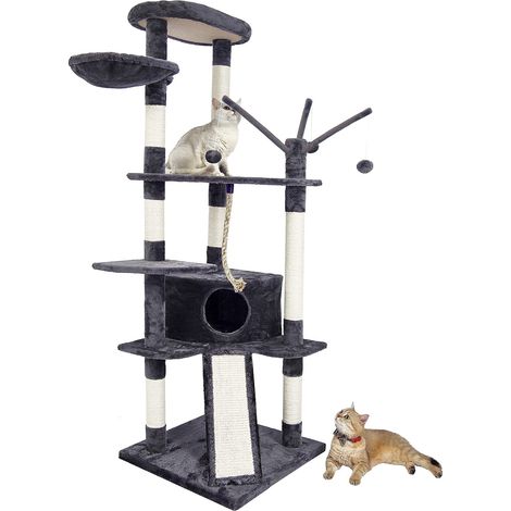 Arbre à Chat, Arbre a Chat Hauteur 167cm, Tour de Jeux pour Chats avec 4 Poteaux à Griffer, 2 Plateformes, 1 Niche, 1 Hamac, 3 Pompons, 1 Planche à Griffer, en Tissu Peluche, Multi-Niveaux, Gris Foncé (1/5)