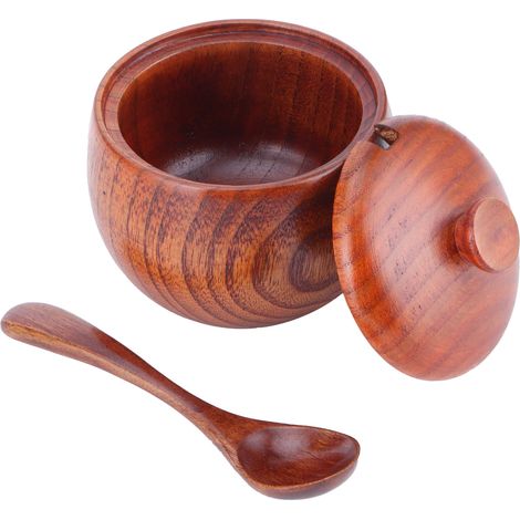 Boîte à sel en bois avec couvercle et cuillère, pot à épices vintage, ustensile de cuisine (1/5)