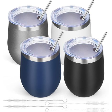 Lot de 4 verres à vin de 35 cl avec couvercles, tasses de voyage isothermes sans pied à double paroi en acier inoxydable, conservent la chaleur et la fraîcheur du vin, du café, des cocktails et autres (1/5)