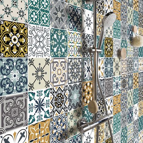 Sticker Mural Carrelage adhésif Cuisine Salle de Bain - 30 STICKERS CARREAUX DE CIMENT MANONA - 30stickers20x20cm (1/5)