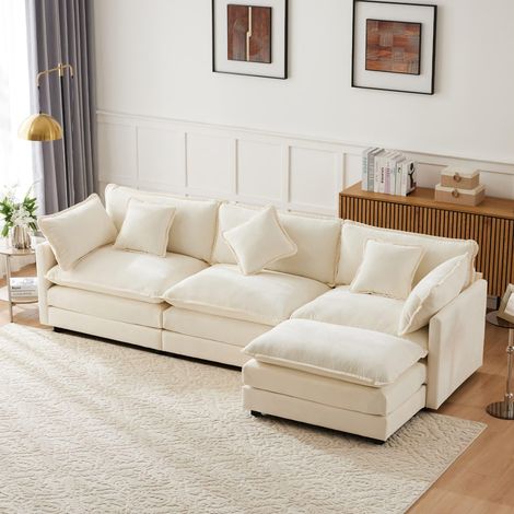 Canapé d’angle moderne en L 3 places avec coussins, sofa rembourré en tissu chenille pour salon ou chambre (beige) (1/5)
