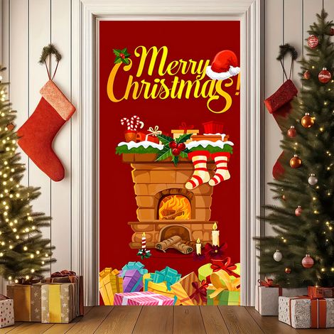 Rideau de porte de Noël 2026, bannière extérieure avec fond photo Père Noël et chien, décoration en tissu à suspendre - 90 x 180 cm (rainure + ruban) - 30