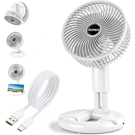 Ventilateur de Bureau Pliable Rechargeable USB-C avec Support Téléphone,Blanc (1/5)