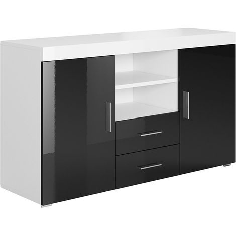 Credenza 2 ante e 2 Cassetti Madia Moderna Mobile Sala da Pranzo 140x80x40cm Modello Roque Bianco e Nero Finitura Lucida