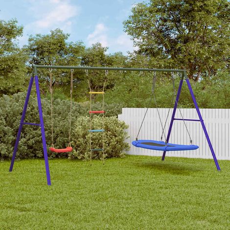 Portique balançoire enfant 3 jeux avec échelle et nid, acier peint multicolore - PANGIVO (1/5)