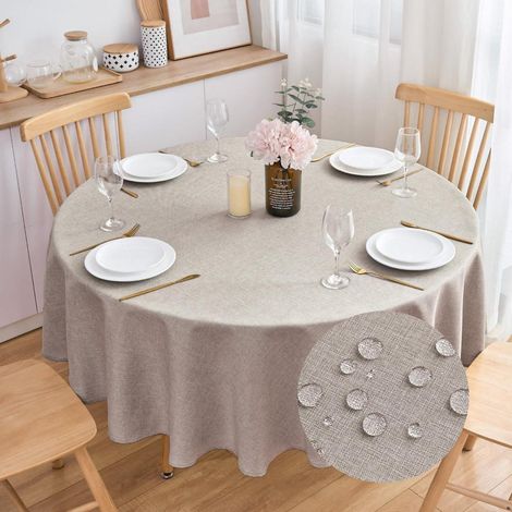 Runde Tischdecke 200 cm Leinenoptik wasserabweisend Hellbraun