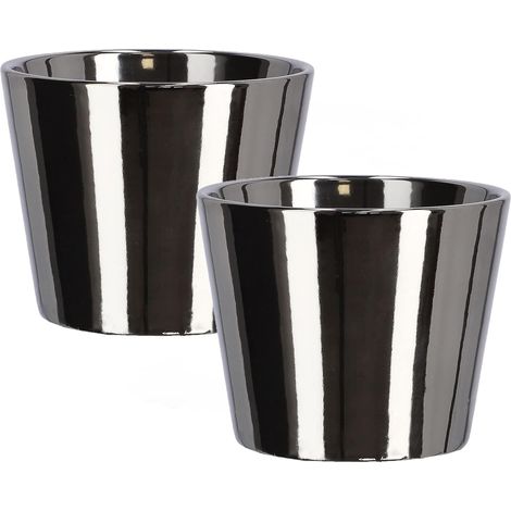 KOTARBAU Lot de 2 petits pots de fleurs en céramique émaillée brillante de 11 cm de diamètre - Argenté (1/5)