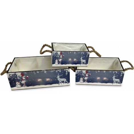 Caisse en sapin avec 2 poignées en corde, lot de 3, 37x18x12 cm