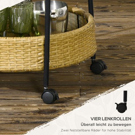 Servierwagen für den Außenbereich, 2 Ablagen, Bremsen, Polyrattan, Metallgestell, Ø 50 x 66 cm, gelb (1/5)