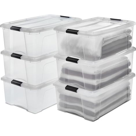 Boite Rangement Plastique avec Couvercle, 30L, Lot de 6, Transparent, Clips de Fermeture, Poignée, Empilable, Organisation Solide (1/5)