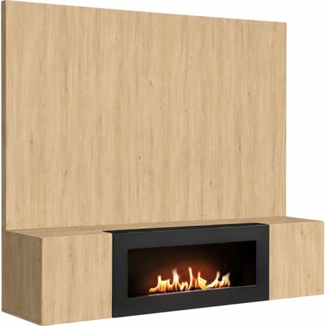 Ensemble meuble TV mural Fly B-K avec cheminée bioéthanol - Bois MDF chêne Hickory Jackson - 160 x 158 x 40 cm - Livraison gratuite (1/2)