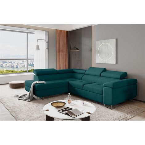 Ecksofa Sofa JADE Stoff Matt Velvet Türkis mit Schlaffunktion Ottomane Links (1/2)