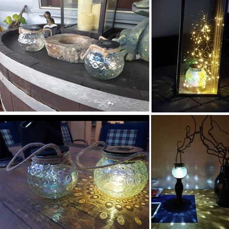 Lampe Solaire en Verre, 2 pièces LED Boule lumières Verre Solaire en Pot Mason IP65 étanche Lampe Solaire Lampe de Jardin Lampe Suspendue Pot lumière à l'extérieur décorative Transparente [Classe éner (1/4)