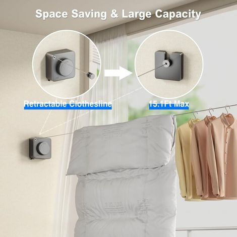 Fil Linge Extérieur Retractable Support Mural, Extensible Corde A Linge Retractable Interieur Etendoir Linge Exterieur Etendoir Mural Exterieur Sechoir Mural Interieur 4.2m(Gris) (1/5)