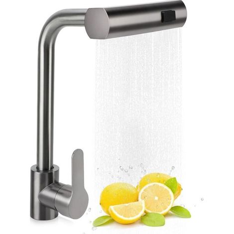 Waterfall Kitchen Mixer Tap, Copper Kitchen Faucet with 3 Water Flow Modes, Single Handle Kitchen Sink Faucet, 360 Degree Swivel Sink Faucet, Valve Seat (Grey) (1/5)