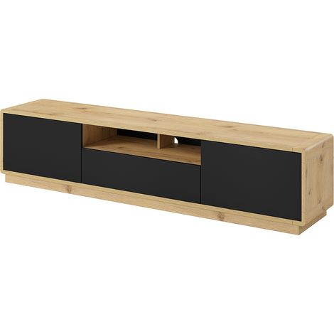 Lowboard Fernsehschrank Wohnzimmer modern 200 cm breit ALBANY-83 in Taurus Eiche Nb. mit Absetzungen in schwarz matt inkl. LED Beleuchtung, B/H/T: ca. 200/45/40 cm (1/5)