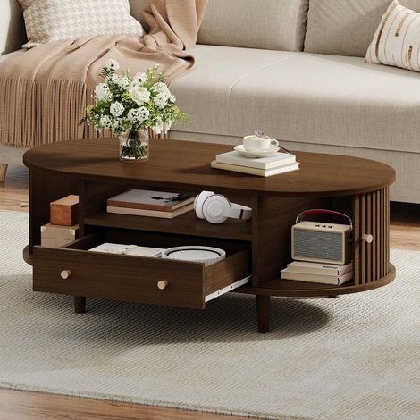 Table basse fixe ovale 100 x 50 x 36 cm, avec 1 tiroir et rangement ouvert, 2 portes coulissantes, pieds en bois massif, table de salon - Couleur noyer (1/5)