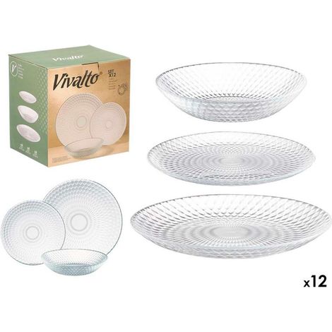 VIVALTO vajilla vidrio rombos 12 piezas , Vajilla de vidrio con diseño de rombos 12 piezas, un conjunto elegante y funcional para el uso diario o para vestir la mesa en ocasiones e