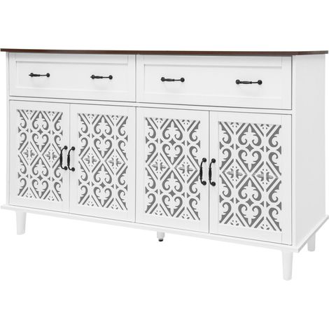 Buffet vintage avec 4 portes sculptées, 2 tiroirs et plateau en bois massif contrasté (1/5)
