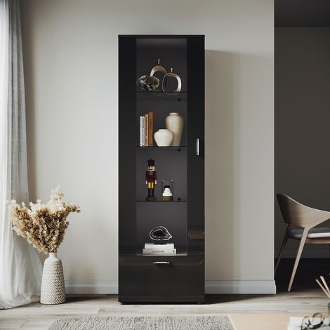 ELEGANT Modern LED Tall Display Cabinet in Black High Gloss 1870 x 600 x 40 mm Cupboard with 5mm Tempered Safety Glass Shelves Sideboard Unit for Living Room (1/5)