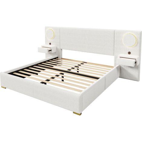 Cama tapizada 180x200 cm de terciopelo con cabecero LED, USB y cajones, beige (1/5)