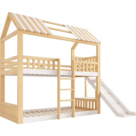 Lit superposé enfant 90 x 200 maison avec toboggan et étagère blanc et naturel HOMVRA (1/5)