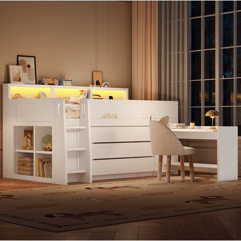 Lit mezzanine bas moderne 90x200 cm en MDF et contreplaqué blanc, avec 3 tiroirs, 7 étagères, bureau mobile et LED (1/5)