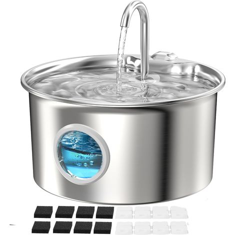 Fontaine Eau Chat INOX: Fontaine Chat Acier Inoxydable Automatique - 2,6L Silencieuse Distributeur d'eau Électrique avec Robinet pour Petit Chien - Filtre Multicouche avec 8 Filtres + 8 Éponges (1/5)