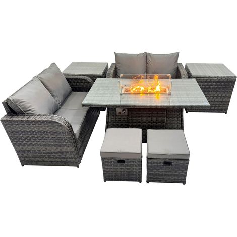 Fimous 6-seater Patio Gas Firpit Dining Table Sofa Sets Rattan Garden Furniture Dining Set with 2 Side Tables 2 Small Stools Dark Grey Mixed (1/5)