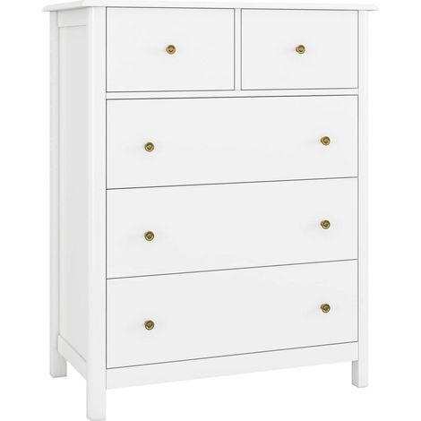 Kommode Weiß mit 5 Schubladen, Beistellschrank mit Retro-Griffen (1/5)